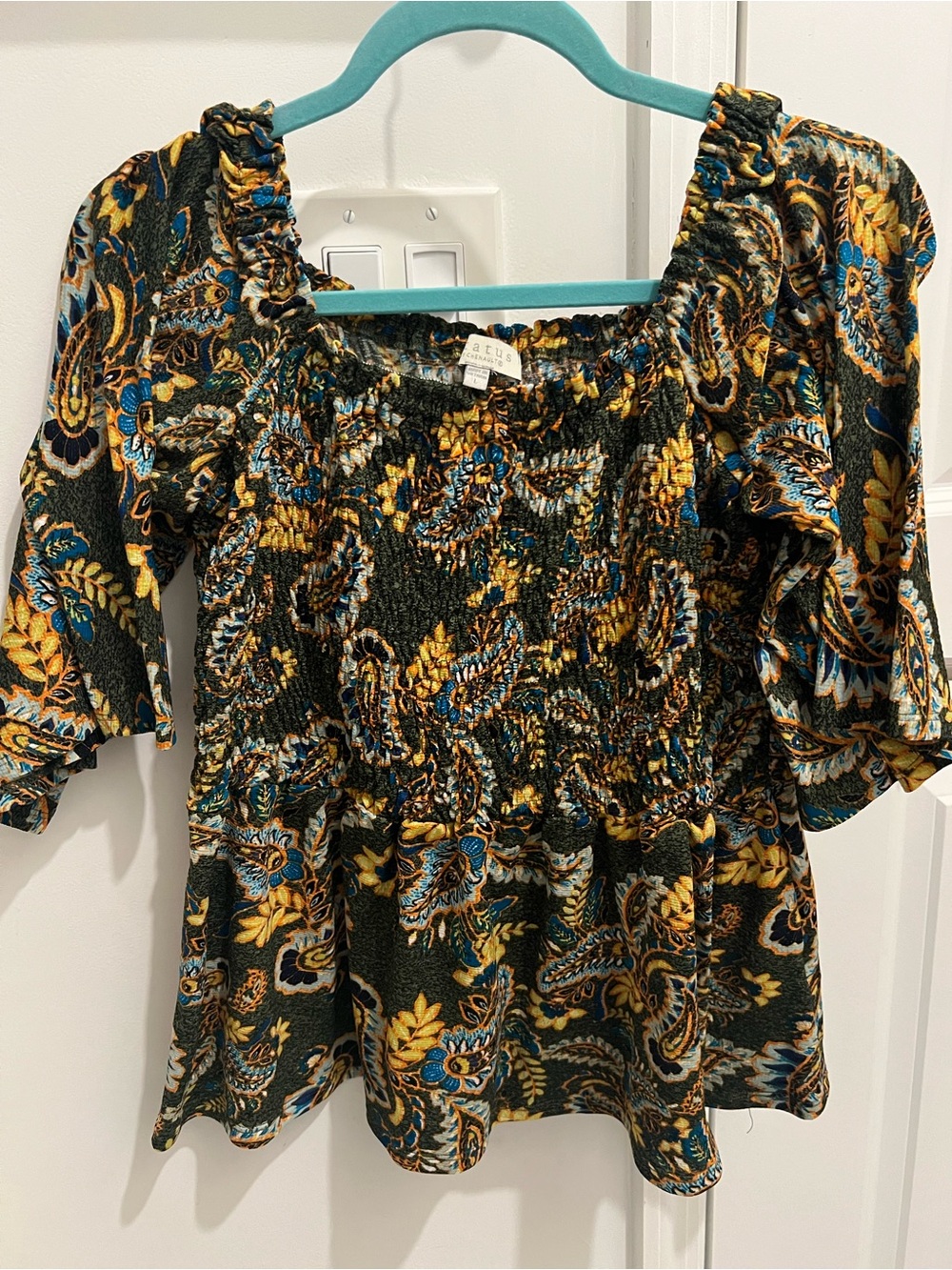 Chenault Smocked Off-Shoulder Paisley Blouse in Green, Blue & Gold